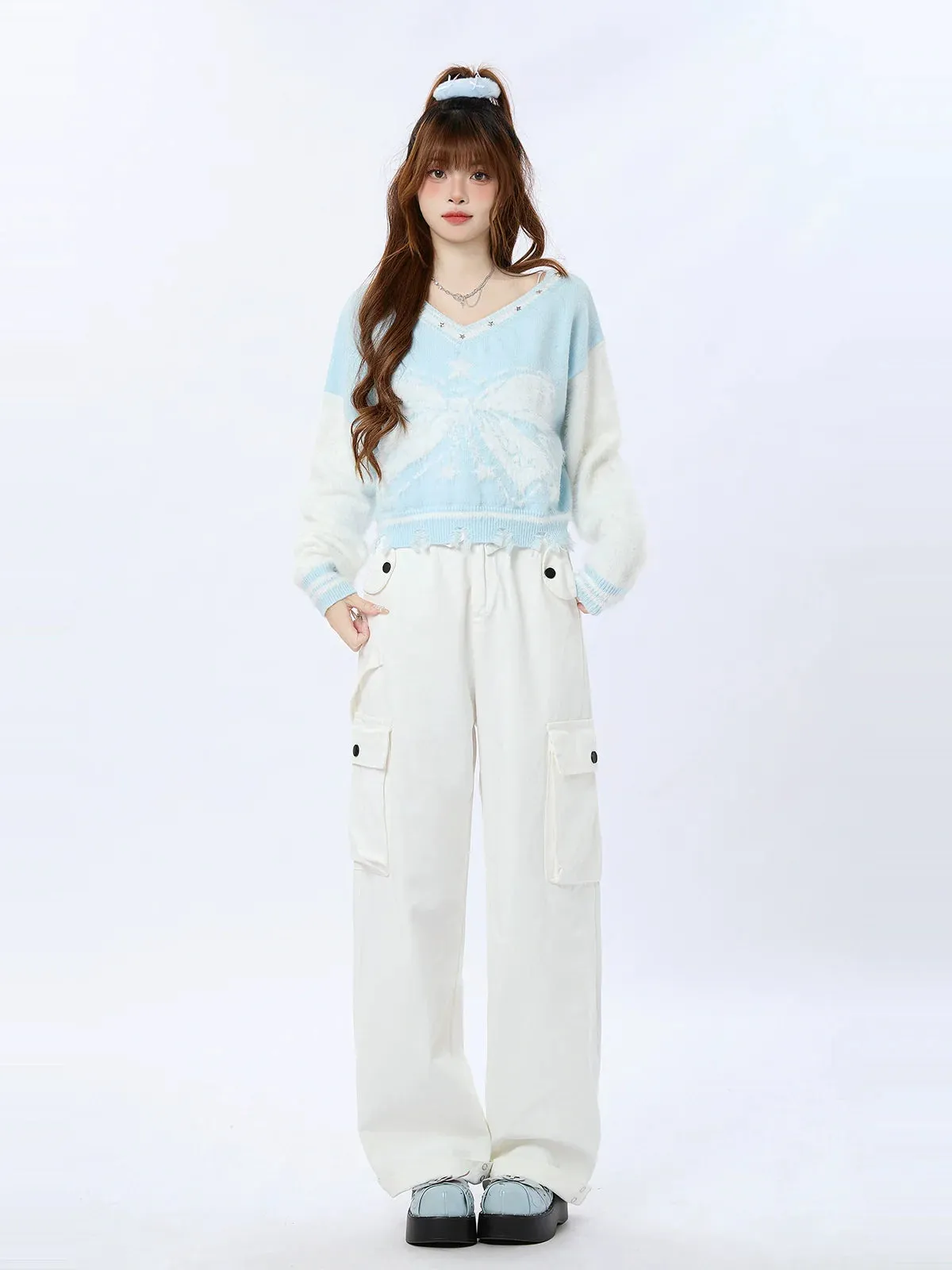 Short Ribbon V-Neck American Colorblock Knit Star