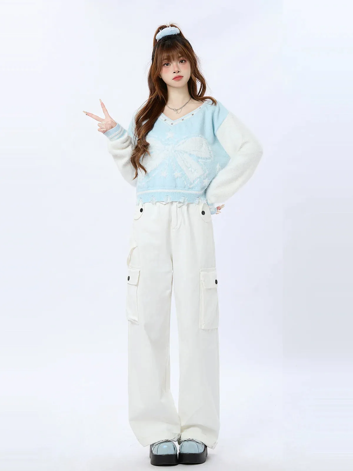 Short Ribbon V-Neck American Colorblock Knit Star