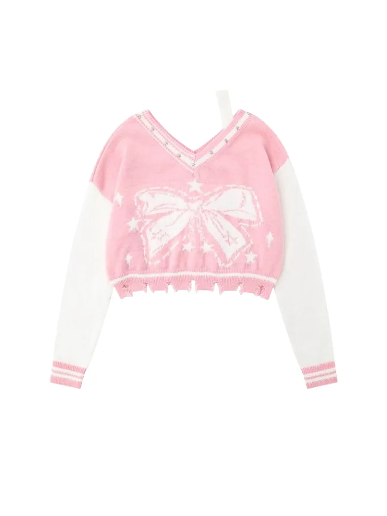 Short Ribbon V-Neck American Colorblock Knit Star