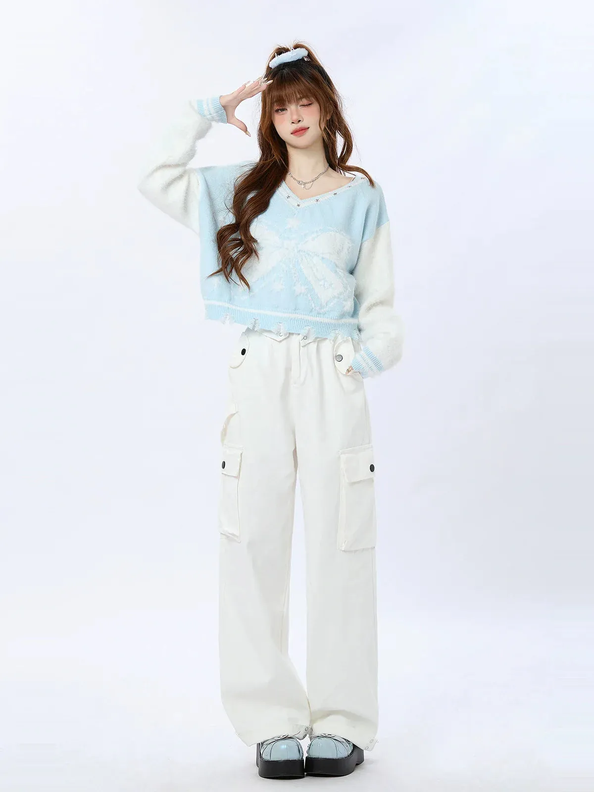 Short Ribbon V-Neck American Colorblock Knit Star