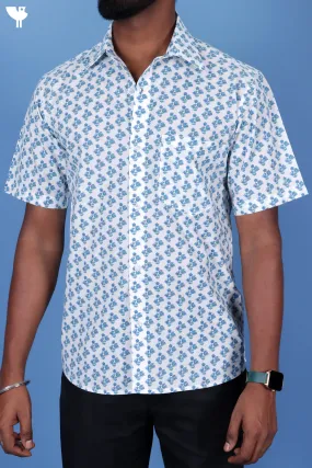 Slim Fit Cambric Cotton Men’s Half  Sleeved Shirt In Floral Block Print