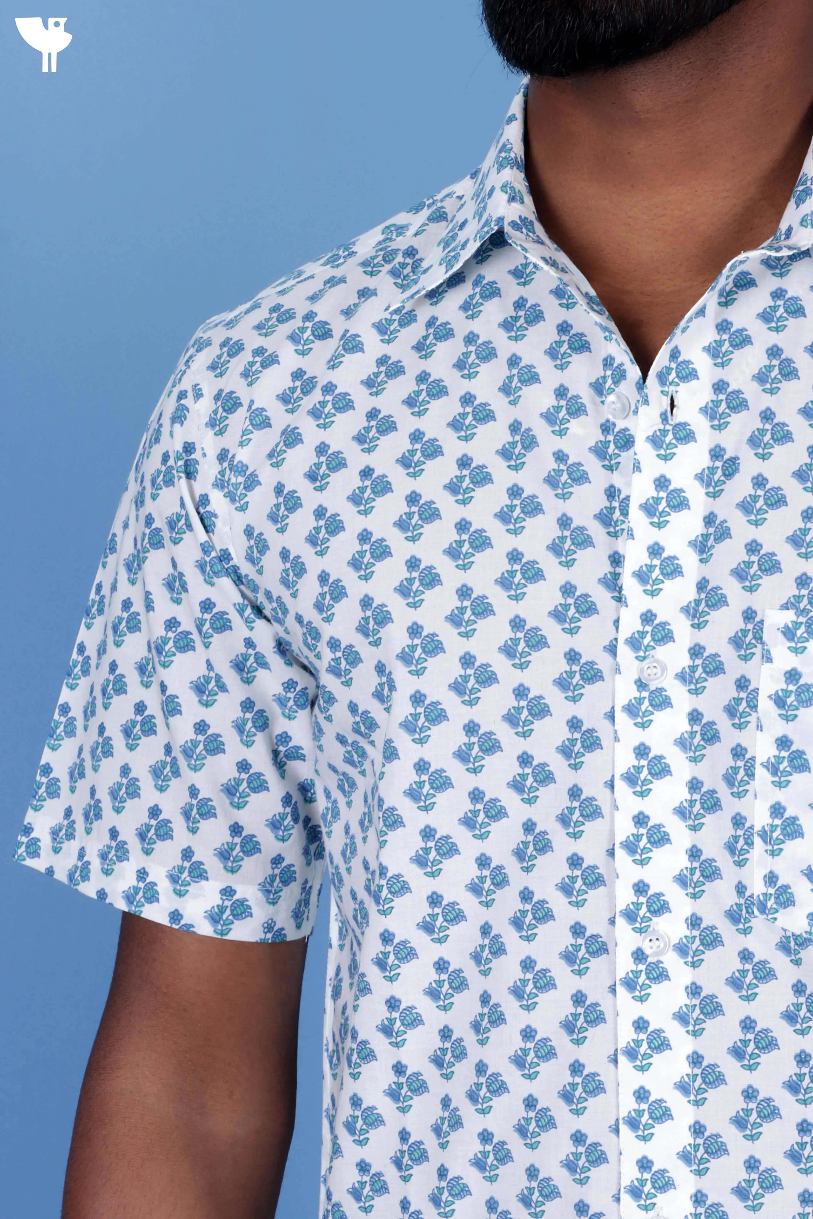Slim Fit Cambric Cotton Men’s Half  Sleeved Shirt In Floral Block Print