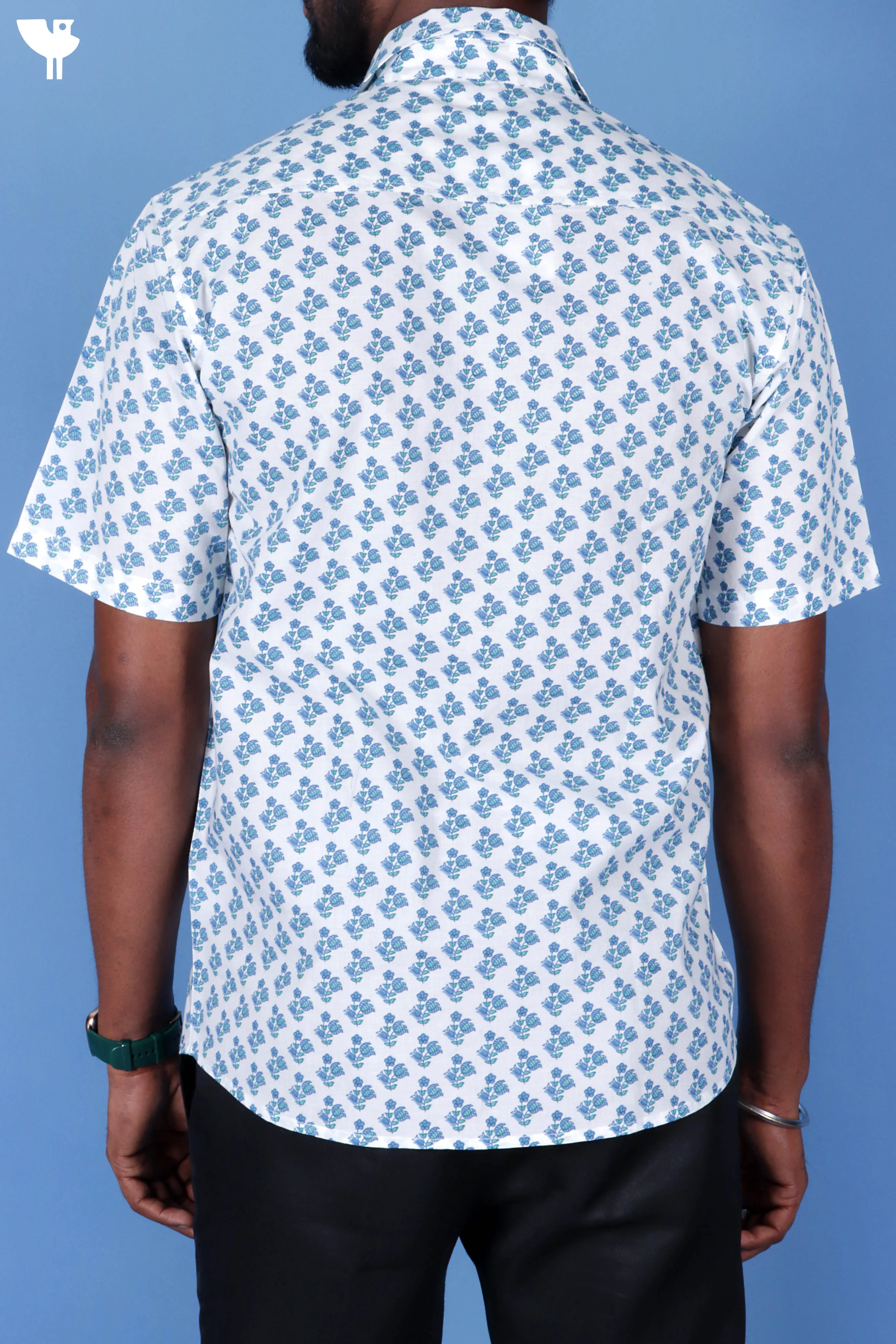 Slim Fit Cambric Cotton Men’s Half  Sleeved Shirt In Floral Block Print