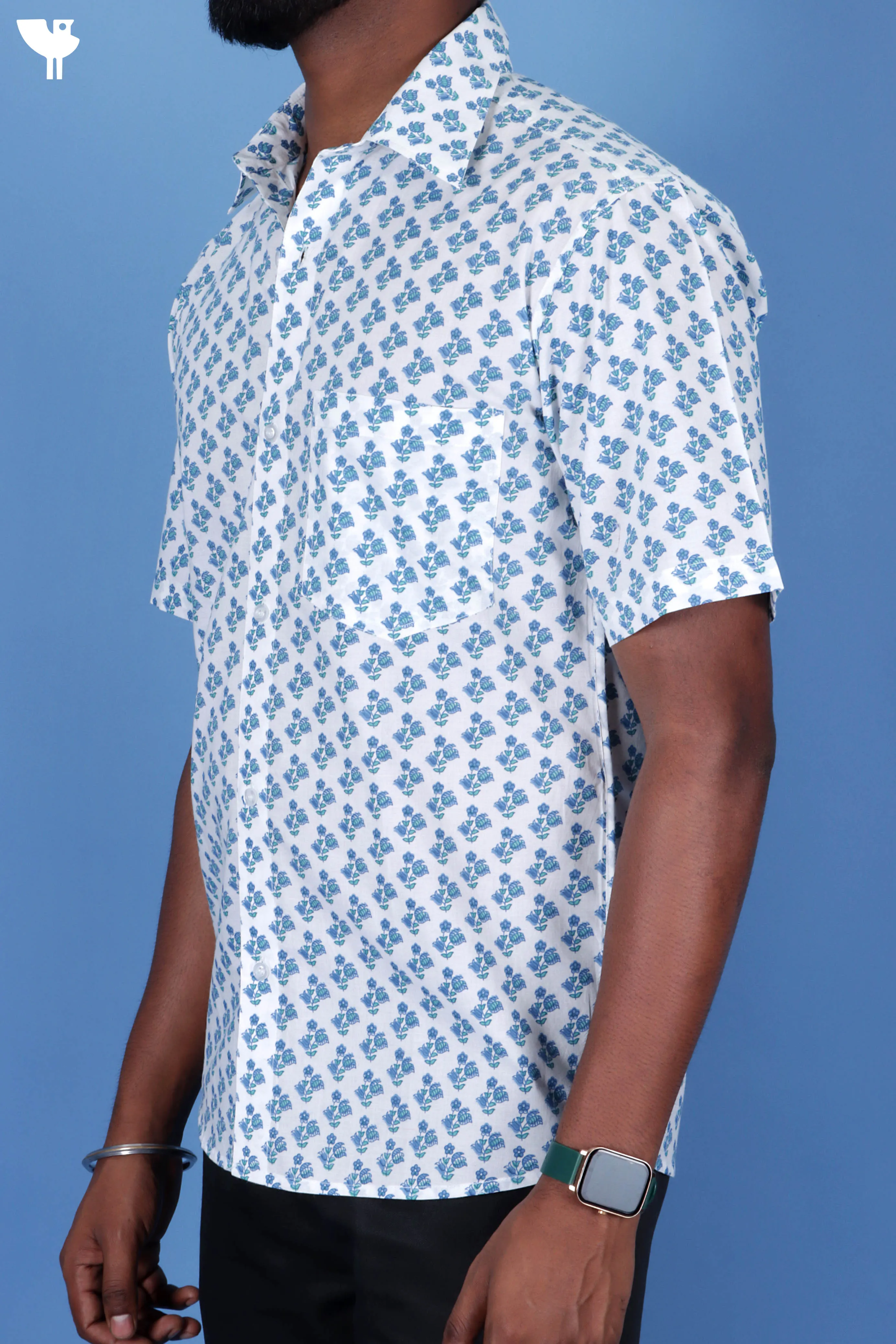Slim Fit Cambric Cotton Men’s Half  Sleeved Shirt In Floral Block Print