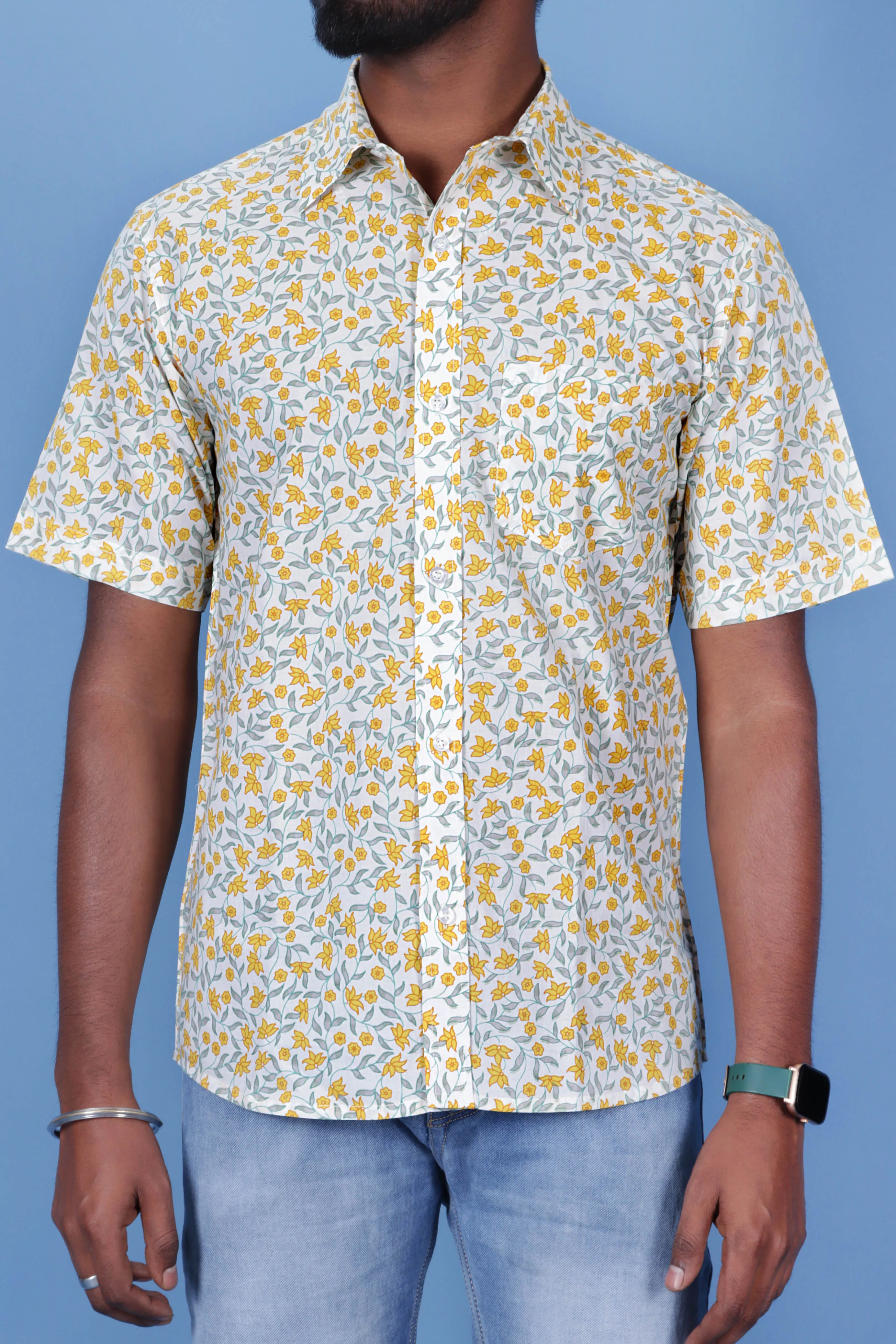 Slim Fit Cambric Cotton Men’s Half  Sleeved Shirt In Floral Print