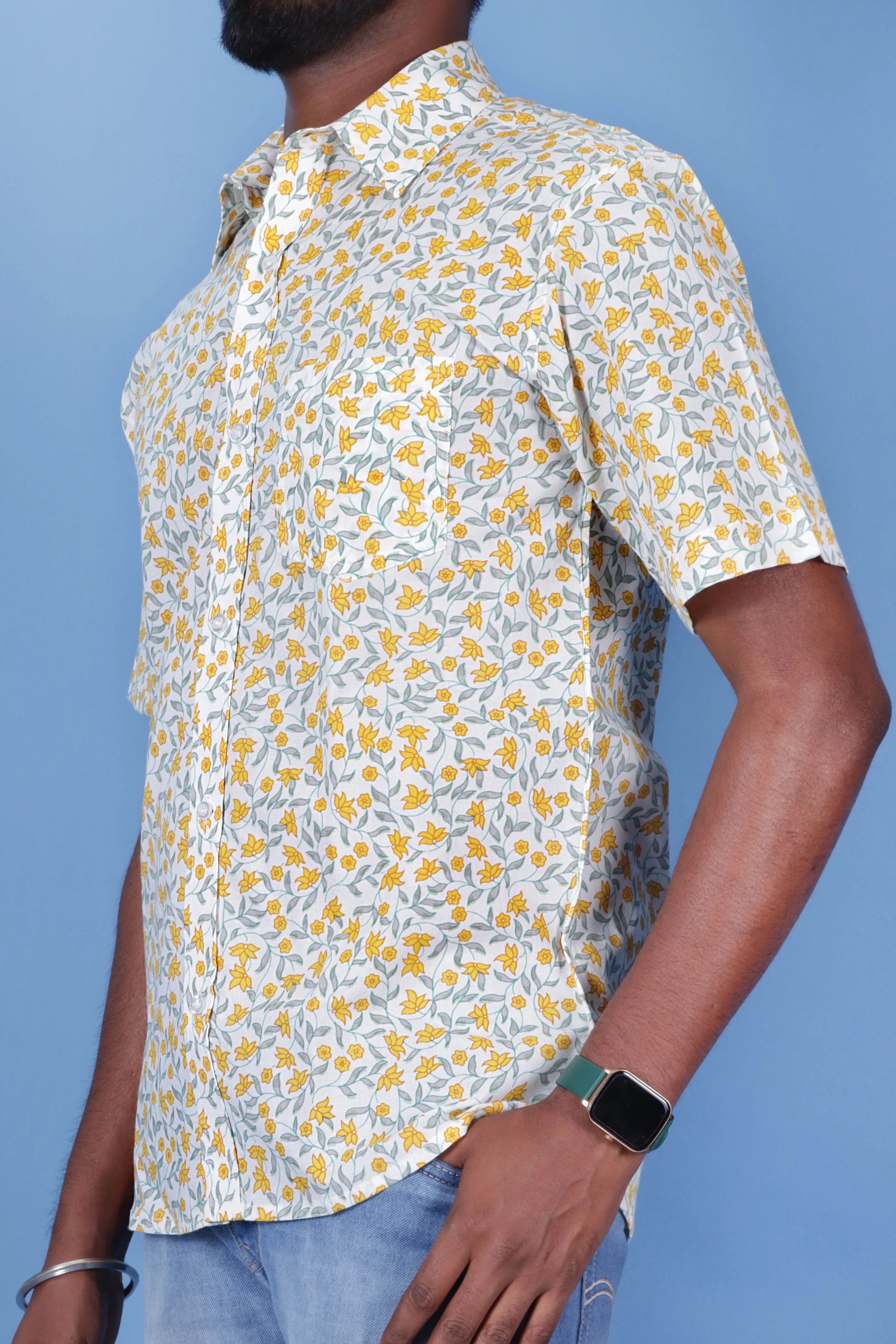 Slim Fit Cambric Cotton Men’s Half  Sleeved Shirt In Floral Print