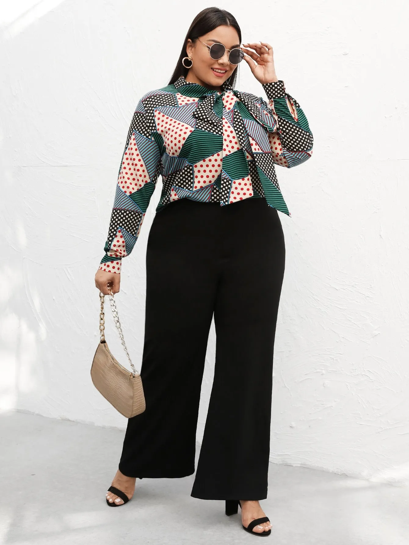 Striped Long Sleeve Tie Neck Regular Plus Size Blouse