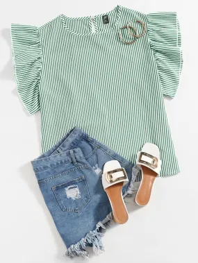 Striped Ruffle Cap Sleeve Round Neck Regular Plus Size Blouse