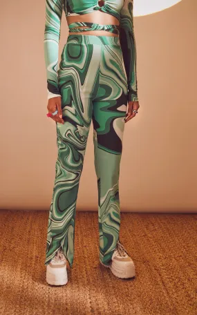 Swirl Print High-Waisted Front Slit Pants