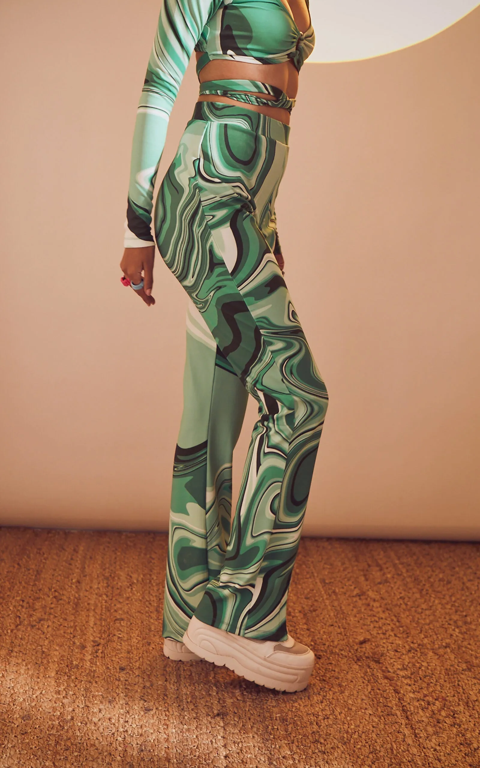 Swirl Print High-Waisted Front Slit Pants