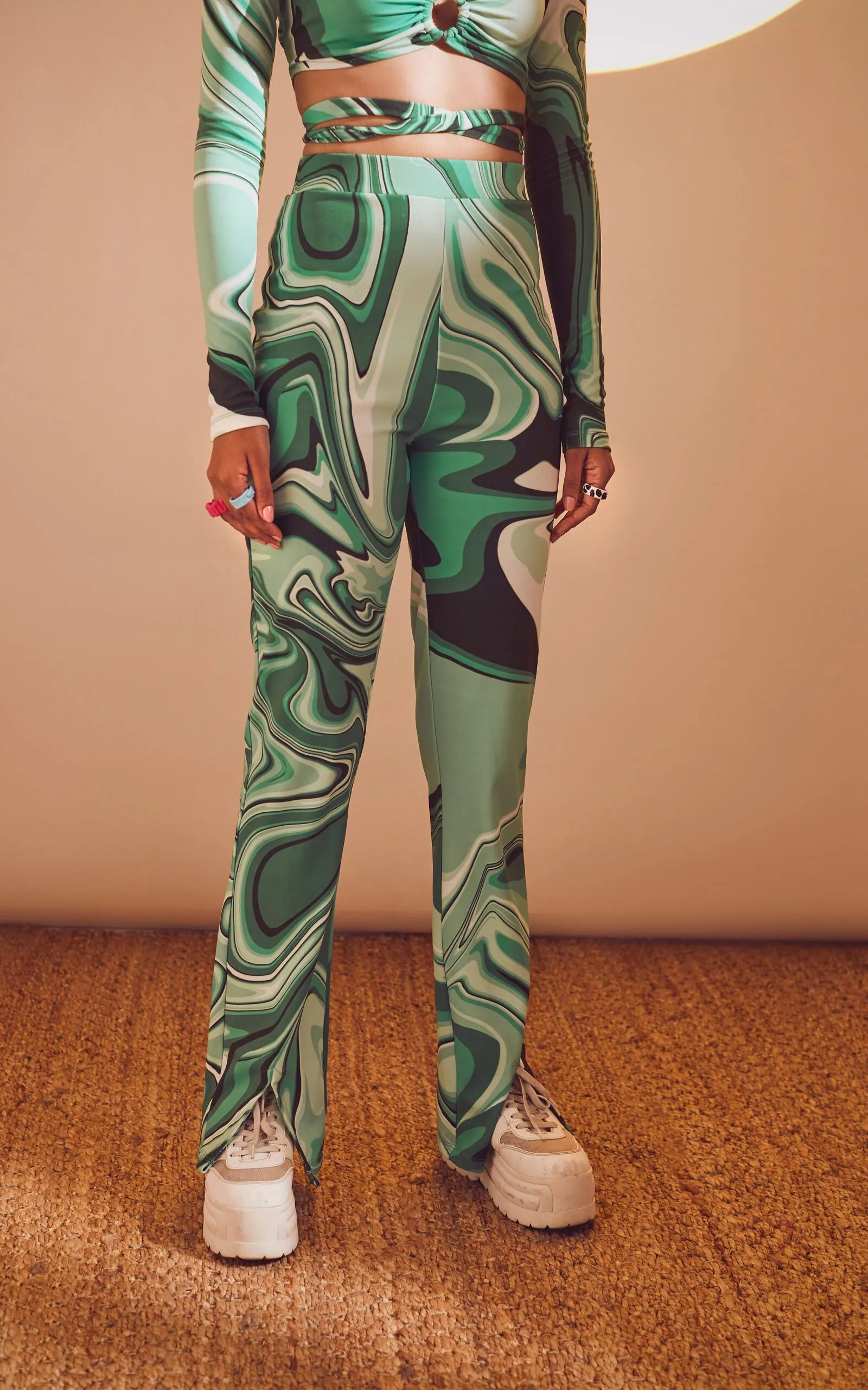 Swirl Print High-Waisted Front Slit Pants