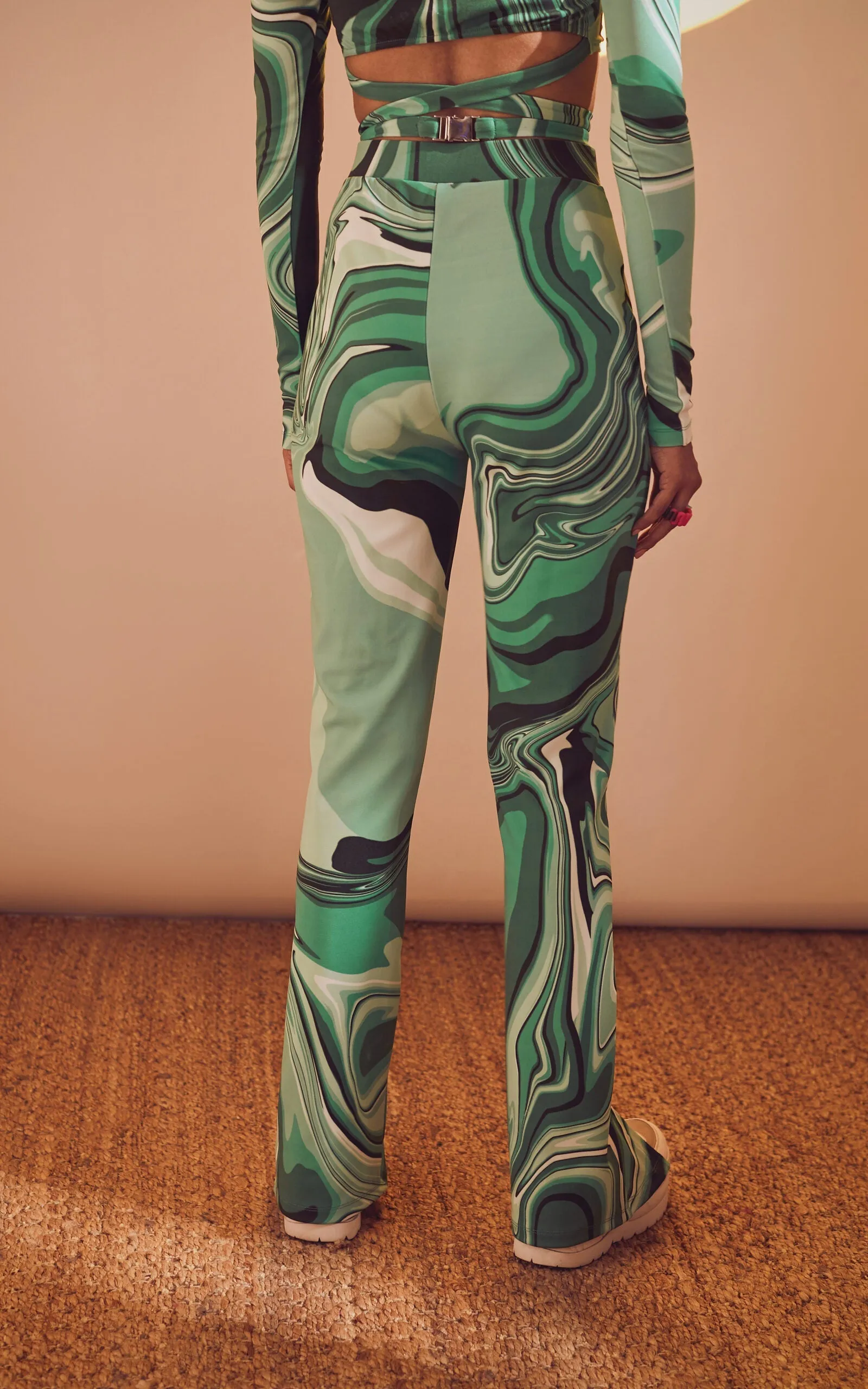 Swirl Print High-Waisted Front Slit Pants