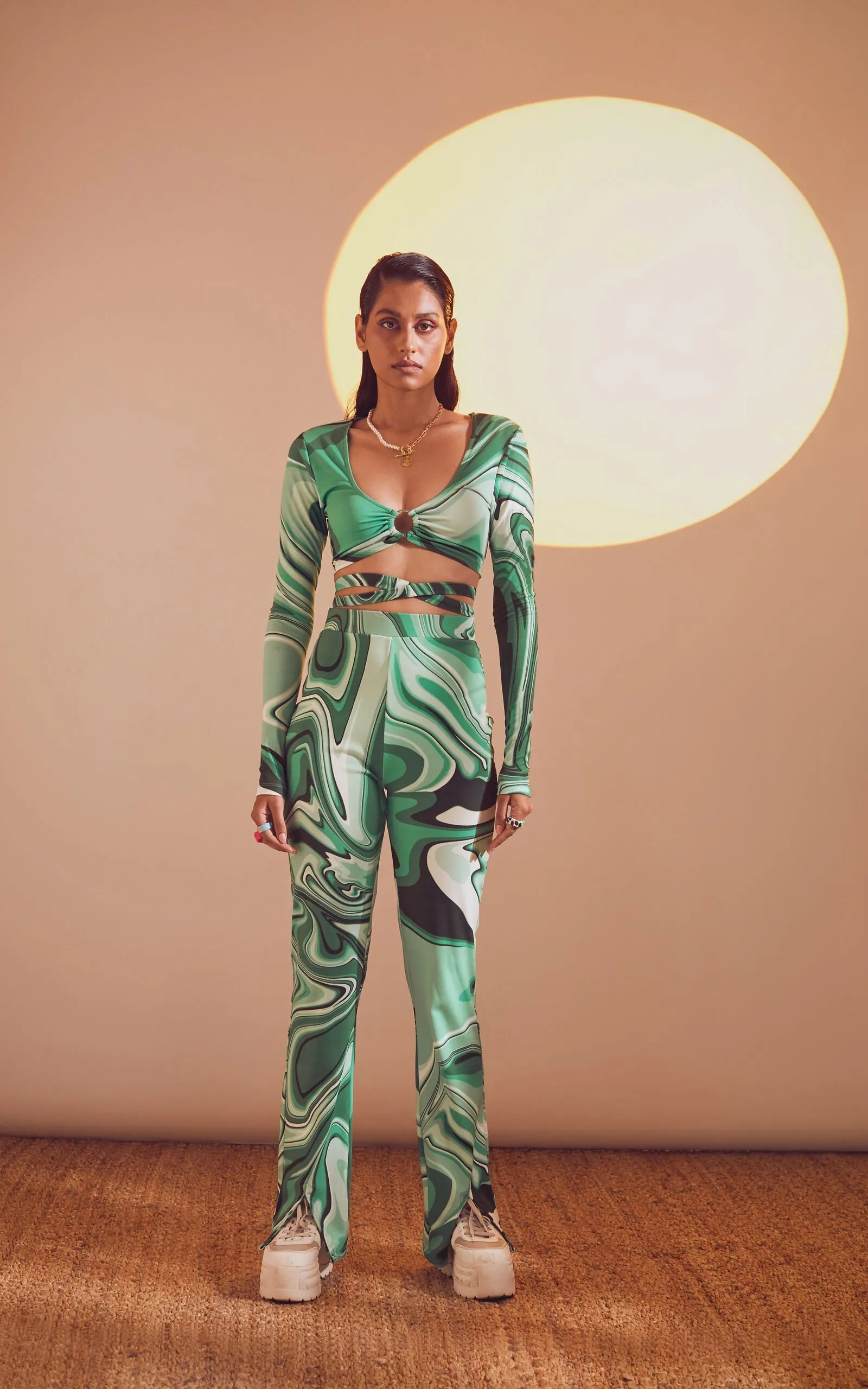 Swirl Print High-Waisted Front Slit Pants