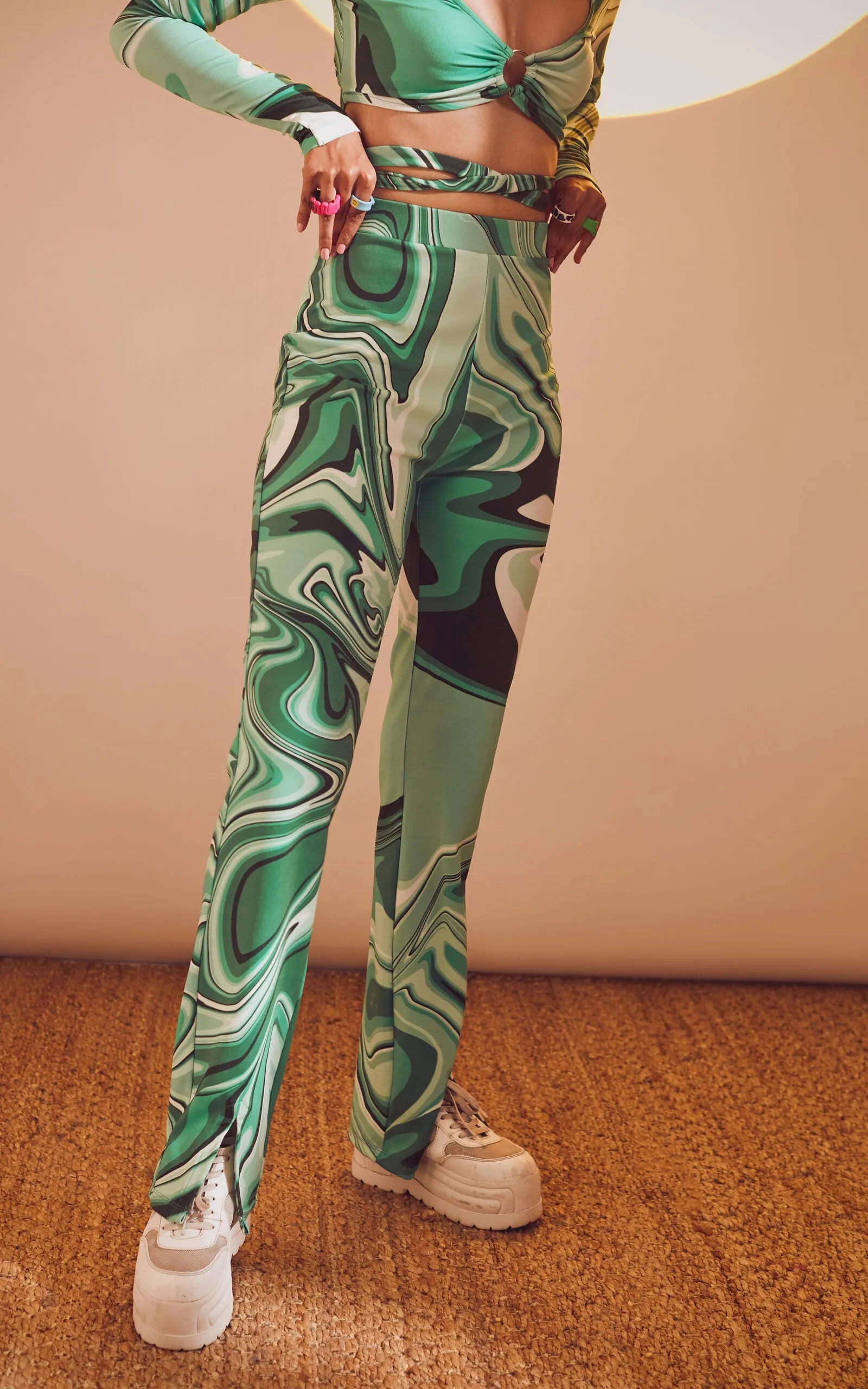 Swirl Print High-Waisted Front Slit Pants
