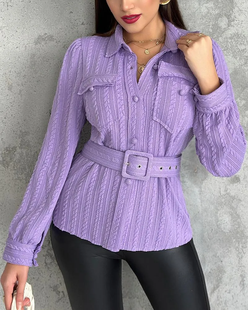 Textured Buttoned Flap Detail Puff Sleeve Top With Waistbelt