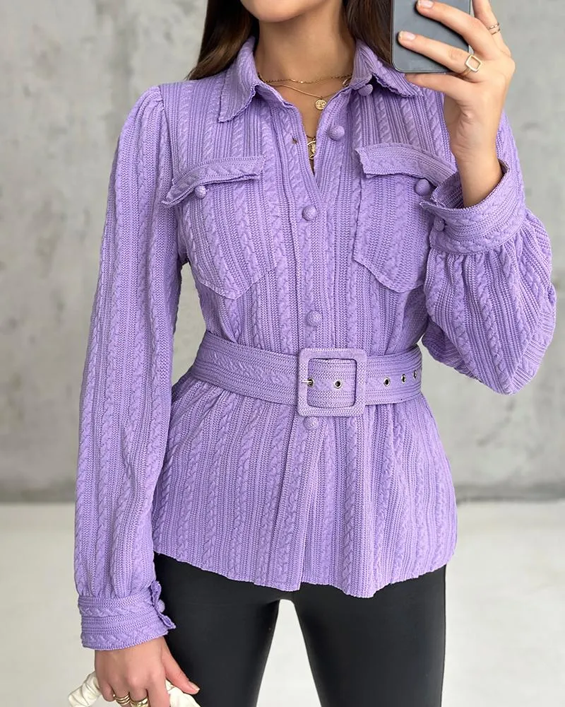 Textured Buttoned Flap Detail Puff Sleeve Top With Waistbelt