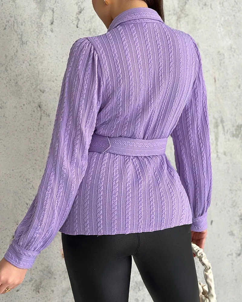 Textured Buttoned Flap Detail Puff Sleeve Top With Waistbelt