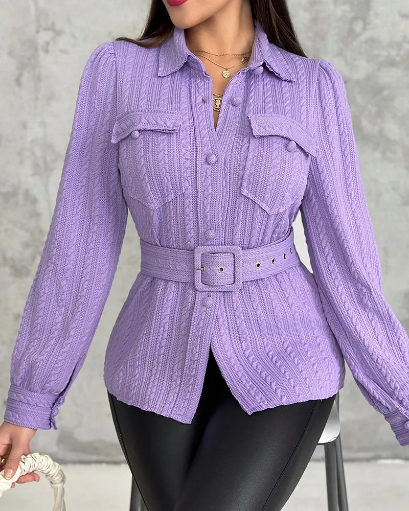 Textured Buttoned Flap Detail Puff Sleeve Top With Waistbelt