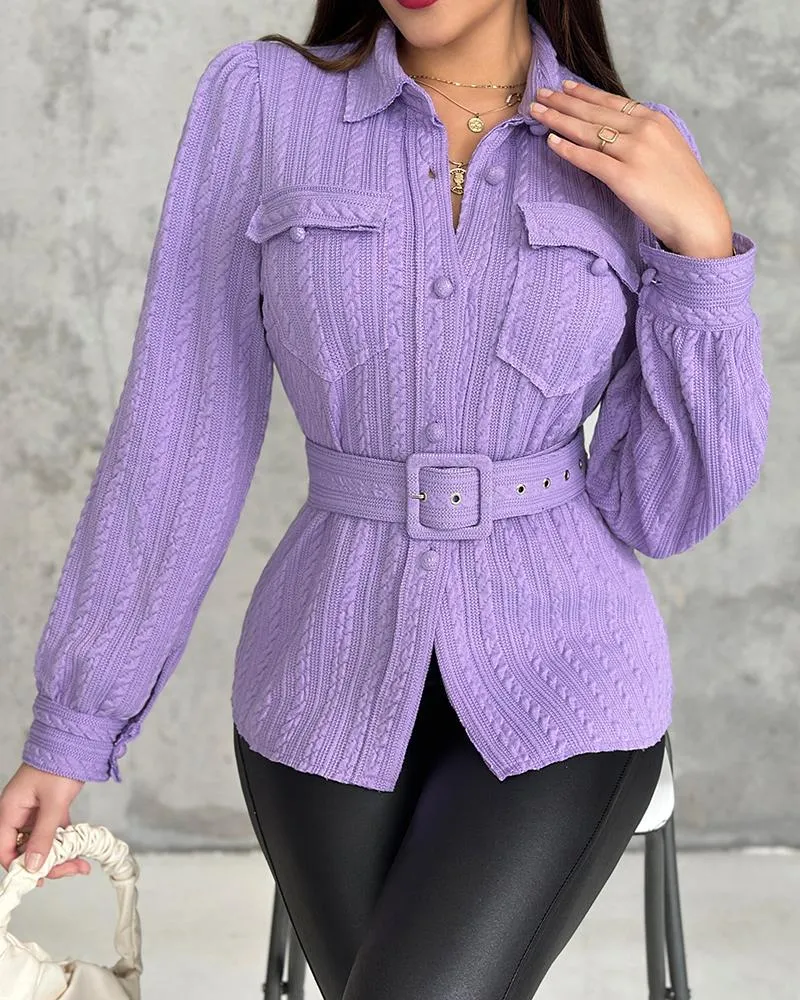 Textured Buttoned Flap Detail Puff Sleeve Top With Waistbelt