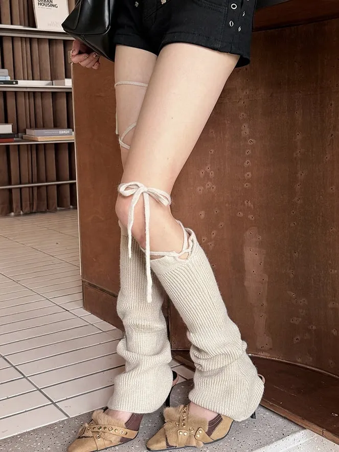 White/Light Grey/Black/Coffee/Khaki Self-tie Straps Knitted Leg Warmers