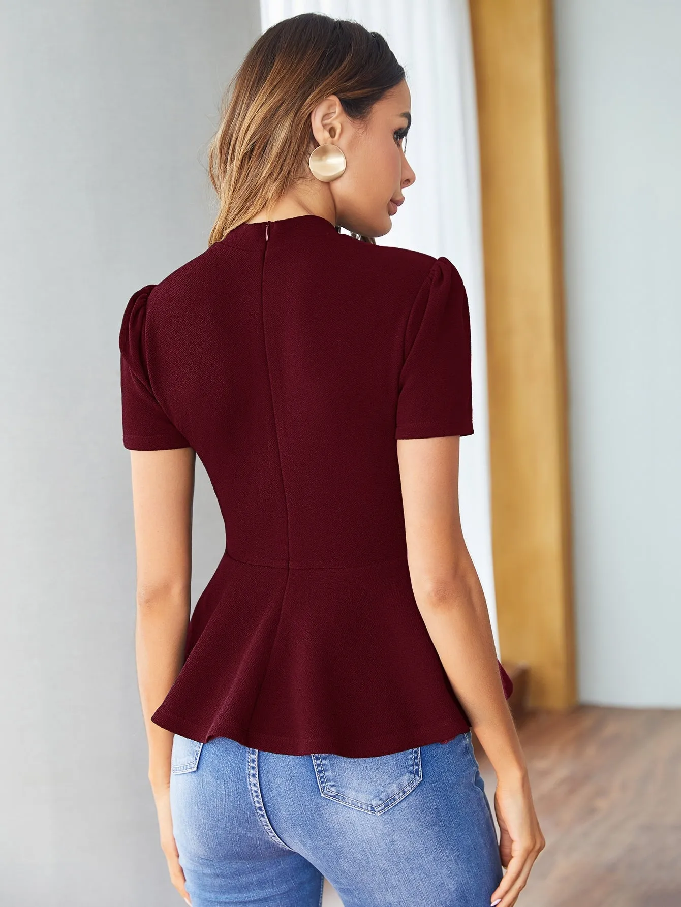 Zipper Back Solid Peplum Top