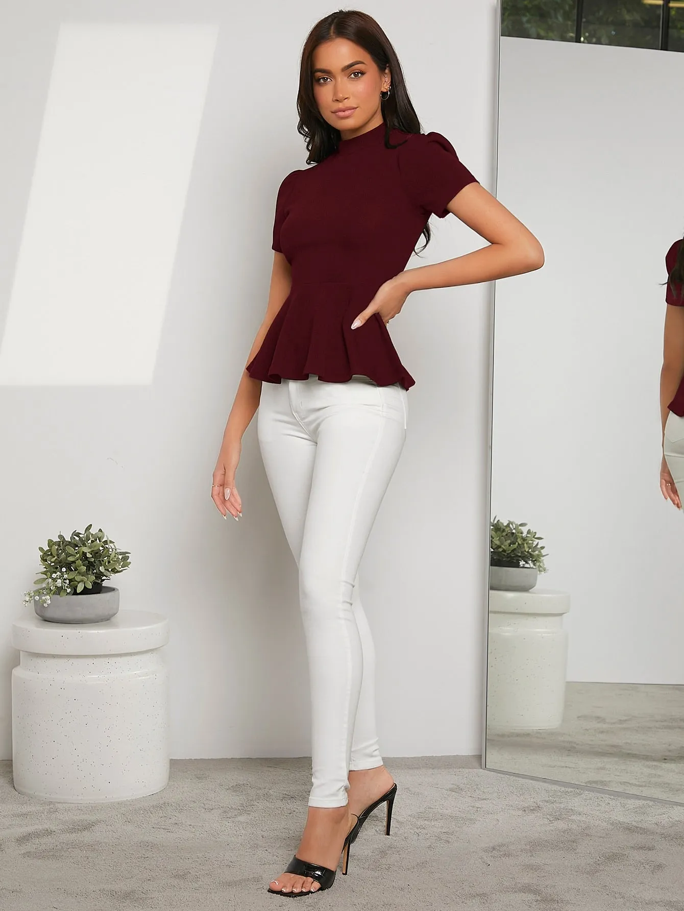 Zipper Back Solid Peplum Top