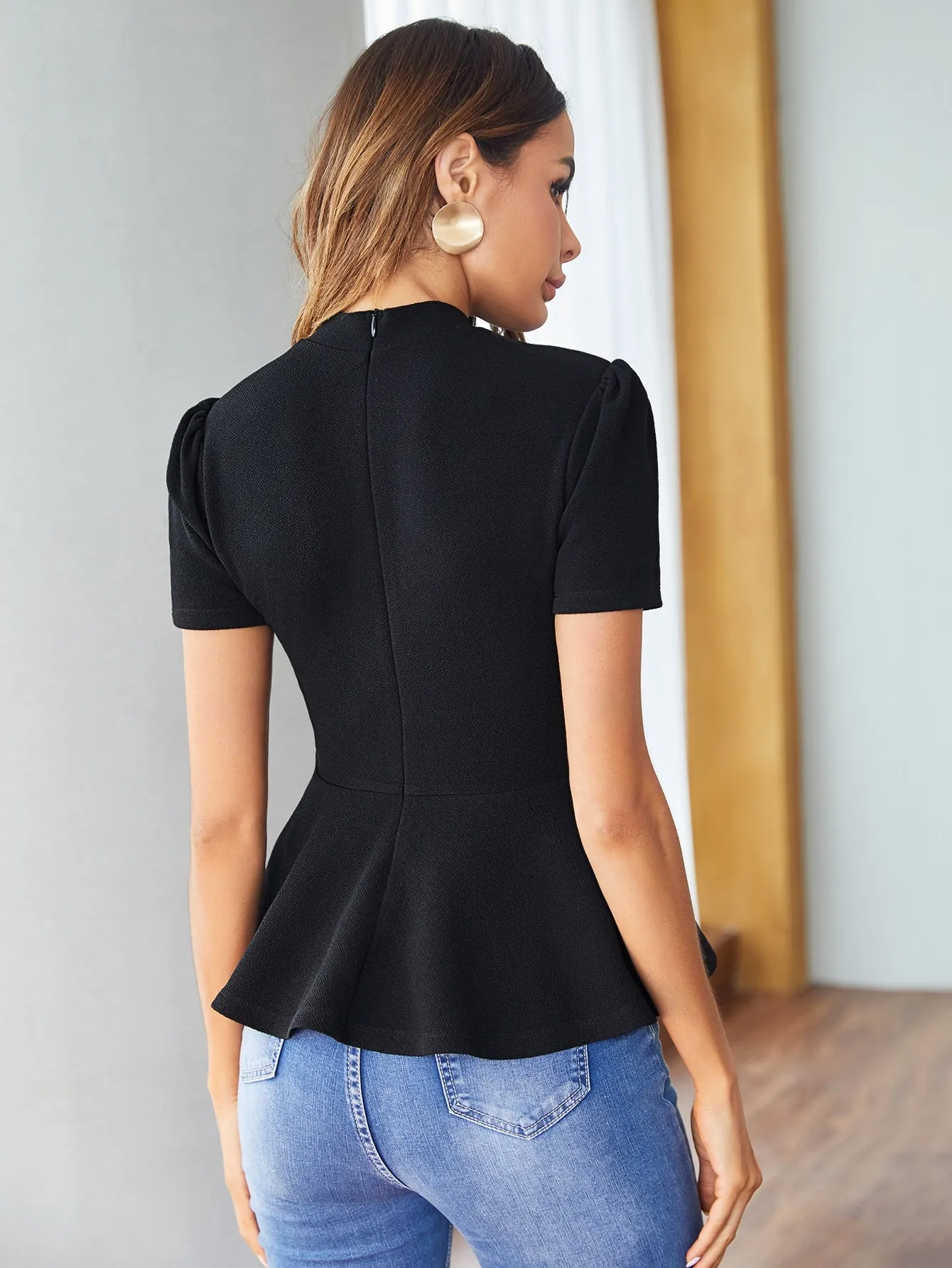 Zipper Back Solid Peplum Top