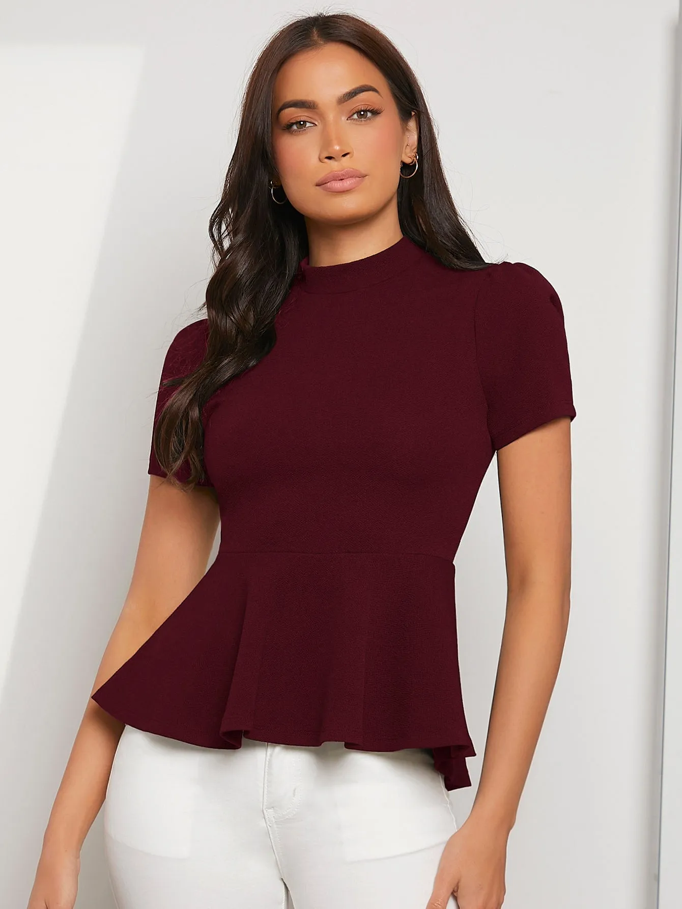 Zipper Back Solid Peplum Top
